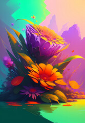 Fototapeta na wymiar Fabulous drawing of colorful flowers with tropical leaves, generative ai