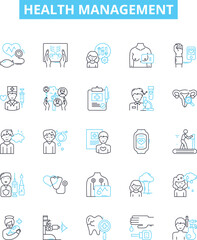 Health management vector line icons set. Wellness, Care, Prevention, Rehabilitation, Therapy, Nutrition, Exercise illustration outline concept symbols and signs