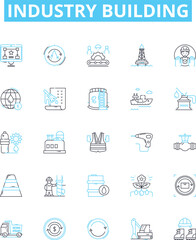 Industry building vector line icons set. Construction, Manufacturing, Investment, Fabrication, Outfitting, Engineering, Development illustration outline concept symbols and signs
