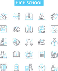 High school vector line icons set. High school, Education, Adolescence, Pupils, Graduates, Learning, Diploma illustration outline concept symbols and signs