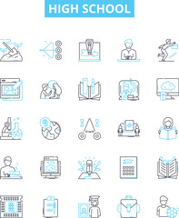 High school vector line icons set. High school, Education, Adolescence, Pupils, Graduates, Learning, Diploma illustration outline concept symbols and signs