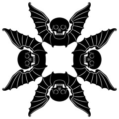 Square geometrical design with winged skulls. Black and white silhouette.