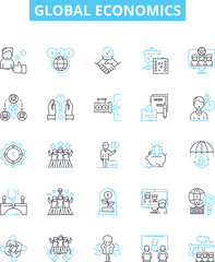 Global economics vector line icons set. Globalisation, Economics, International, Trade, Finance, Market, Development illustration outline concept symbols and signs