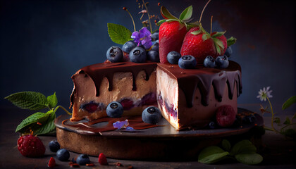 Fototapeta na wymiar Blueberry Basque Cheese Cake Decorated With Strawberries AI Generative