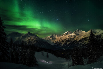 Aurora, Swiss Alps, star, snow, winter. AI generative