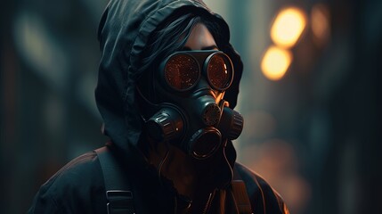 cyberpunk girl wearing gas mask and hoodie, digital art illustration, Generative AI
