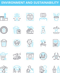 Environment and sustainability vector line icons set. Environment, sustainability, ecology, green, conservation, renewable, air illustration outline concept symbols and signs