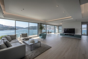 Fototapeta premium Modern style, sea view photo. AI generative