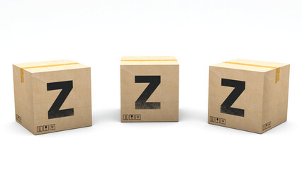 Krafte box with the letter Z. Box made of paper in 3 different positions: front, left and right. Alphabet in 3D render. Easy cropping: one click. Isolated white background.