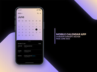 Mobile App Calendar June 2023 Page with To Do List and Tasks Vector UI UX Design Concept on Isolated Photo Realistic Smart Phone Screen Mockup. Smartphone Business Planner Application Template - obrazy, fototapety, plakaty