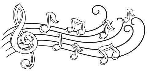 Music melody - hand drawn black and white musical notes and clef