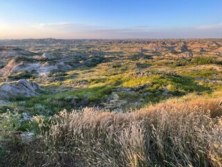 Scenic overlook of the badlands at Interstate highway I94 at in North Dakota.