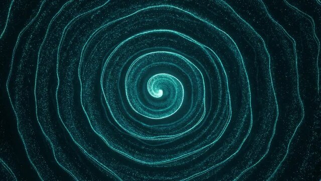 Spinning hypnotic spiral from flowing particles. Twisting helix background.  Seamless loop 