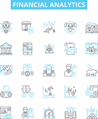 Financial analytics vector line icons set. Financial, Analytics, Analysis, Investment, Trading, Markets, Services illustration outline concept symbols and signs