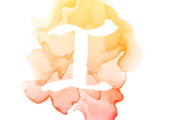 Alcohol ink effect with handwritten letters. Watercolor effect in yellow, orange and red colors.