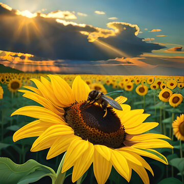 Bee gathering nectar on a sunflower in a field with sun shining in the background.
