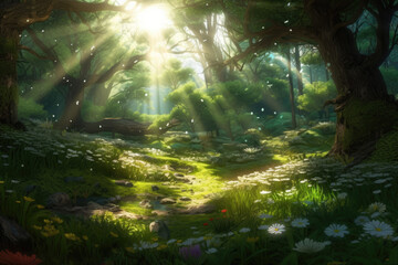Glade in a magical forest on a sunny day
