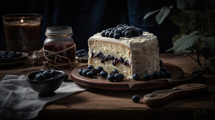 Fototapeta na wymiar Luxury White Vanilla Cake Slice on Dark Theme Background AI Generative