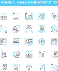 Financial analysis and forecasting vector line icons set. Financial, Analysis, Forecasting, Investment, Ratios, Budgeting, Planning illustration outline concept symbols and signs
