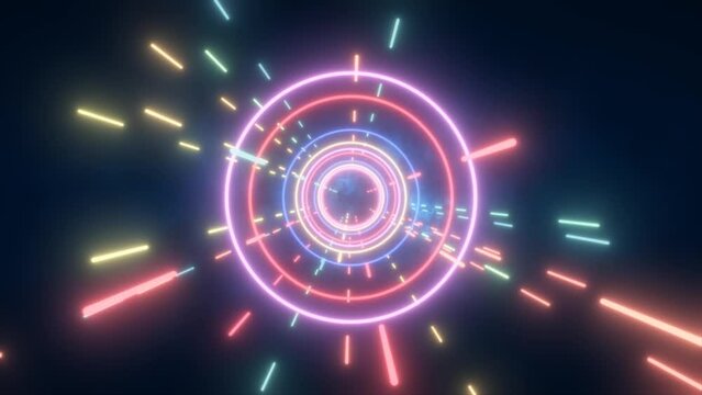 Abstract multi-colored energy futuristic hi-tech tunnel of flying circles and lines neon magic glowing background