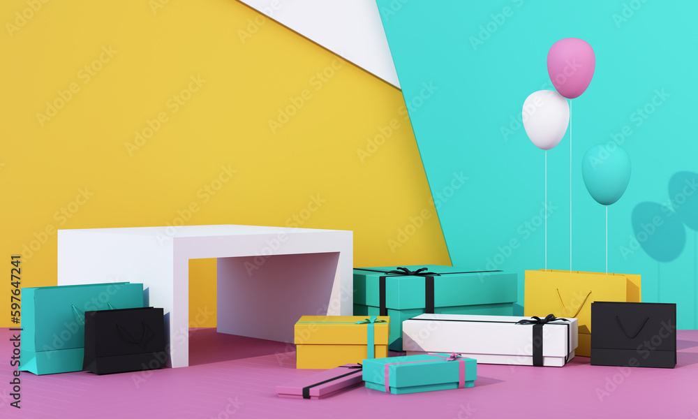 Poster 3d rendering realistic primitives composition. geometric shapes in motion on background. abstract th