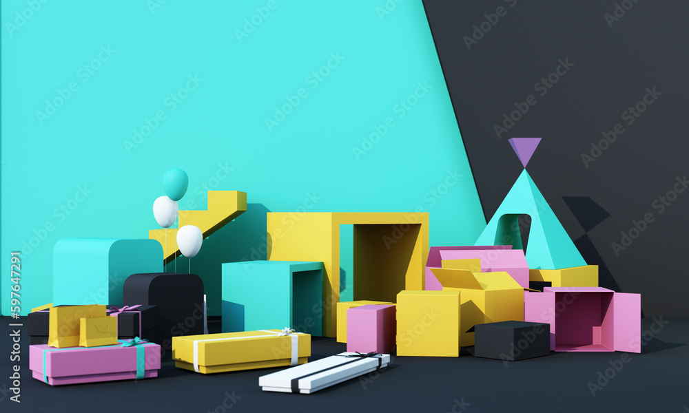 Aufkleber 3d rendering realistic primitives composition. geometric shapes in motion on background. abstract th