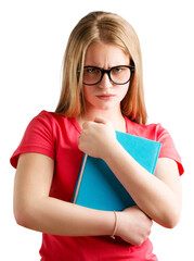 Insecure nerdy young woman student with a book
