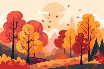 Flat design autumn background with colorful trees