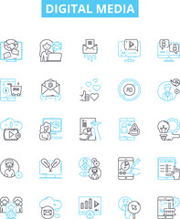 Digital media vector line icons set. Digital, Media, Technology, Advertising, Social, Platforms, Online illustration outline concept symbols and signs