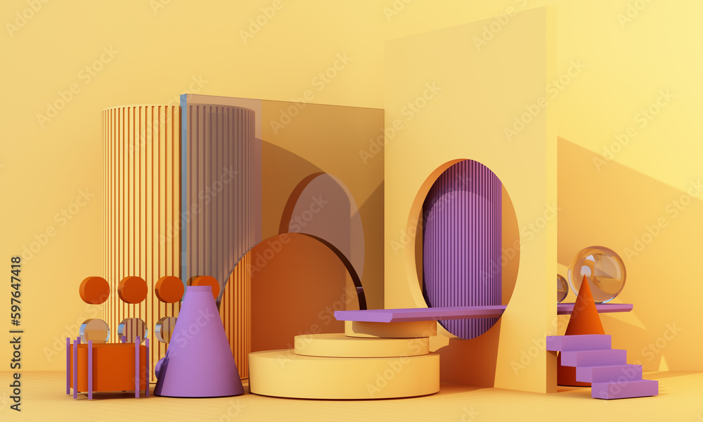 Poster 3d rendering realistic primitives composition. geometric shapes in motion on background. abstract th