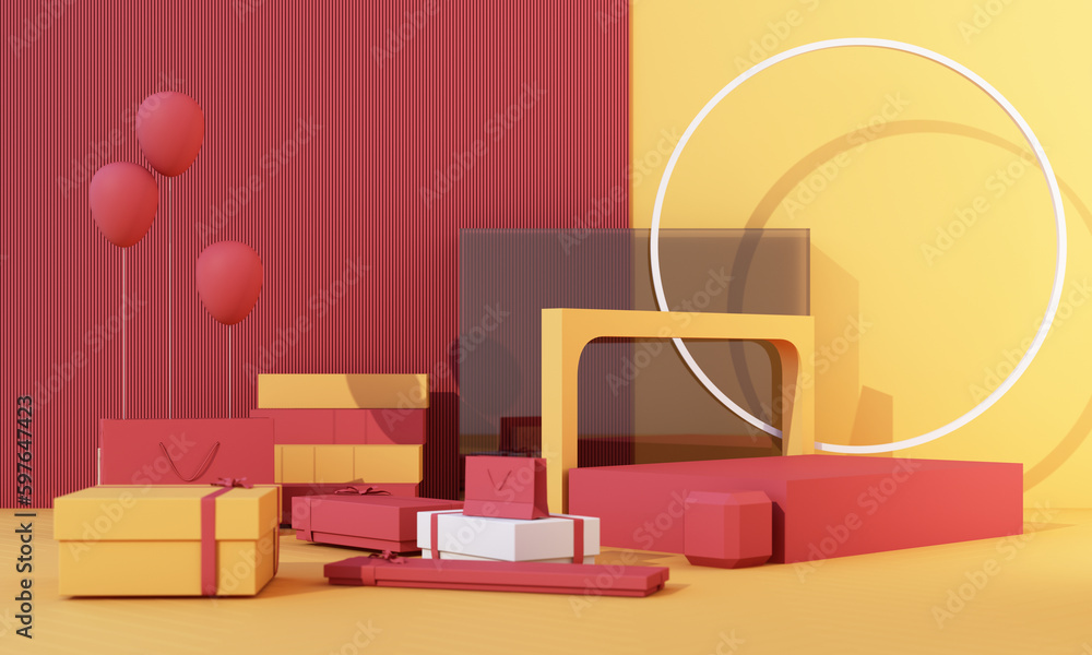 Aufkleber 3d rendering realistic primitives composition. geometric shapes in motion on background. abstract th