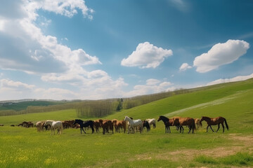 Fototapeta na wymiar Herd of horse grazing at hill with beautiful blue sky and white clouds. 