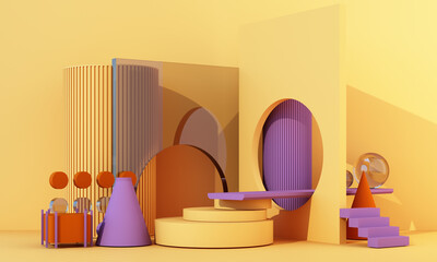 3d rendering realistic primitives composition. geometric shapes in motion on background. Abstract theme for trendy designs. Spheres, torus, tubes, yellow and purple tone.