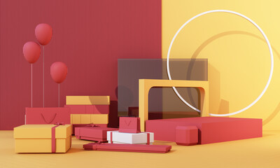 3d rendering realistic primitives composition. geometric shapes in motion on background. Abstract theme for trendy designs. Spheres, torus, tubes, yellow red and gray tone.