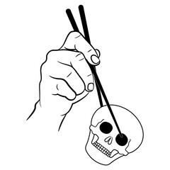 Human hand holding skull with chopsticks. Devour death. Creative concept. Black and white silhouette.