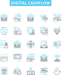 Digital cashflow vector line icons set. Digital, Cashflow, Banking, Payments, Funds, Transactions, Money illustration outline concept symbols and signs - obrazy, fototapety, plakaty