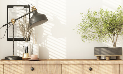 side view of desk consisting of stationary equipment and technological equipment with green plant pots in corner of work from home or freelance workspace on wooden table and white wall 3d render