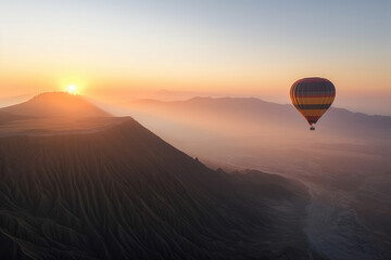 Fototapeta premium Hot air balloon flying over Mount Bromo volcano viewpoint in Bromo Tengger Semeru National Park at sunrise Indonesia.