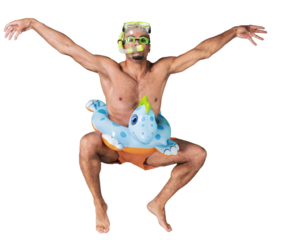 Happy smile man swimmer wearing mask, snorkel and flippers walking