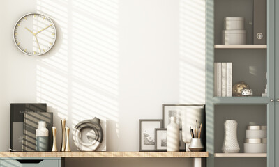 side view of desk consisting of stationary equipment and technological equipment with green plant pots in corner of work from home or freelance workspace on wooden table and white wall 3d render