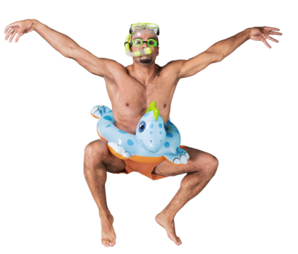 Happy smile man swimmer wearing mask, snorkel and flippers walking