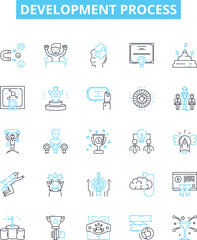 Development process vector line icons set. Process, Development, Planning, Implementation, Design, Management, Analysis illustration outline concept symbols and signs