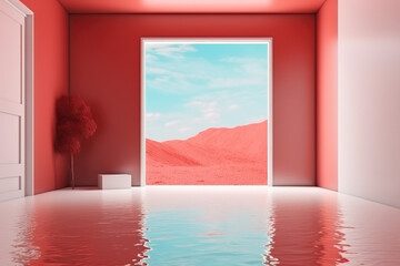 Minimalistic Empty White Room with a Water Swimming Pool and an Abstract Surreal Red Desert Environment on a blue sky background.