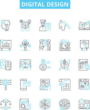 Digital design vector line icons set. Digital, Design, Web, Media, Interface, UX, UI illustration outline concept symbols and signs