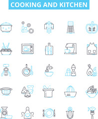Cooking and kitchen vector line icons set. Cooking, Kitchen, Food, Baking, Utensils, Recipes, Stove illustration outline concept symbols and signs