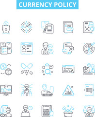 Currency policy vector line icons set. Exchange, Rate, Monetary, Value, Money, Foreign, Market illustration outline concept symbols and signs