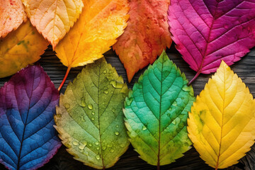 Fototapeta premium Rainbow of colorful autumnal leaves panorama