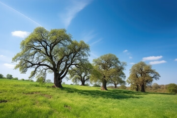 Fototapeta na wymiar Oak Trees in Gree Field Springtime Landscape under Blue Sky 