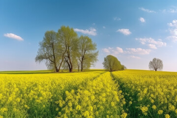 Panoramic view of spring grass and oak trees in canola field under blue sky