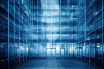 Obraz premium Perfectly symmetrical perspective structure, transparent light blue pure glass curtain wall.